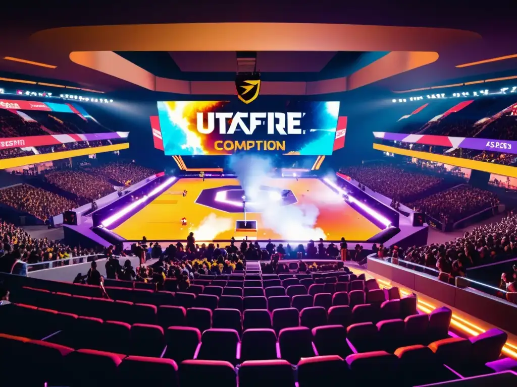 Actualización modos juego FreeFire: Arena vibrante con jugadores profesionales y espectadores emocionados en un torneo intenso