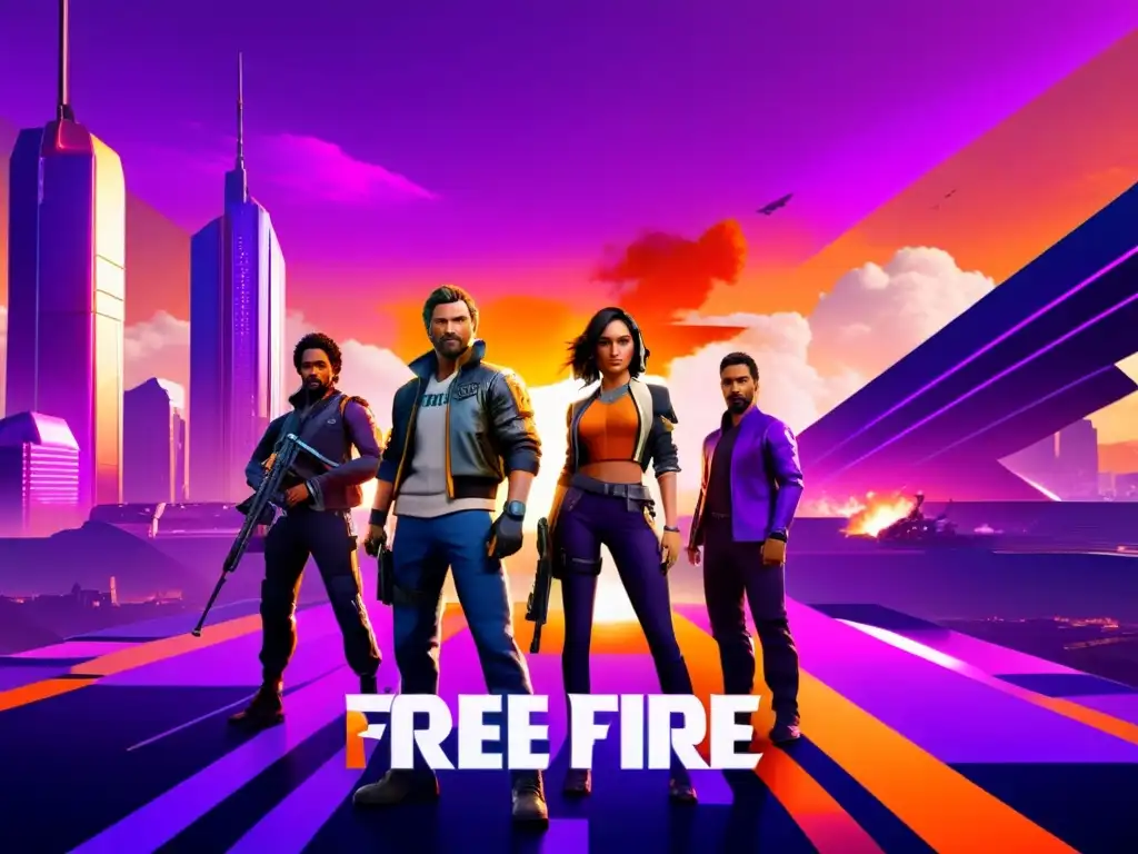 Actualizaciones armas Free Fire: Personajes en ciudad futurista al atardecer, armas tecnológicas detalladas reflejan el cielo naranja y morado