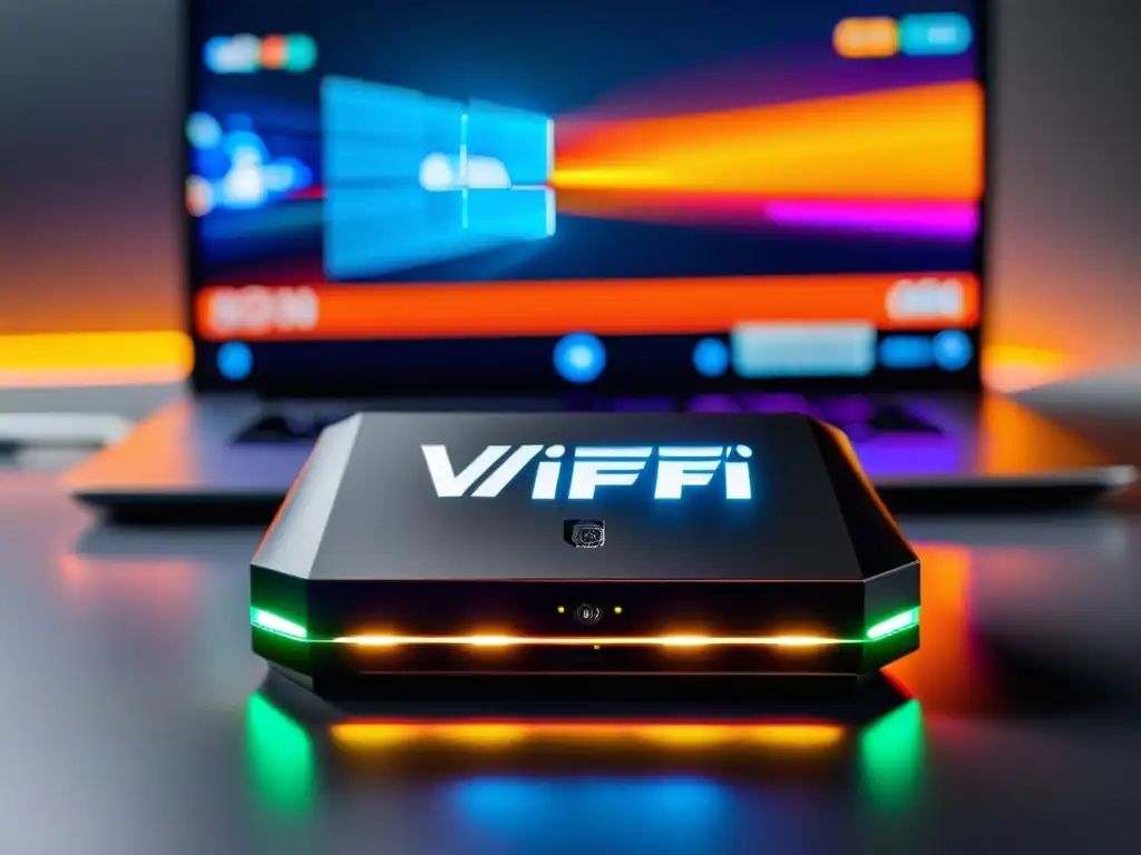 Un adaptador WiFi futurista conectado a una laptop gaming con la interfaz de FreeFire