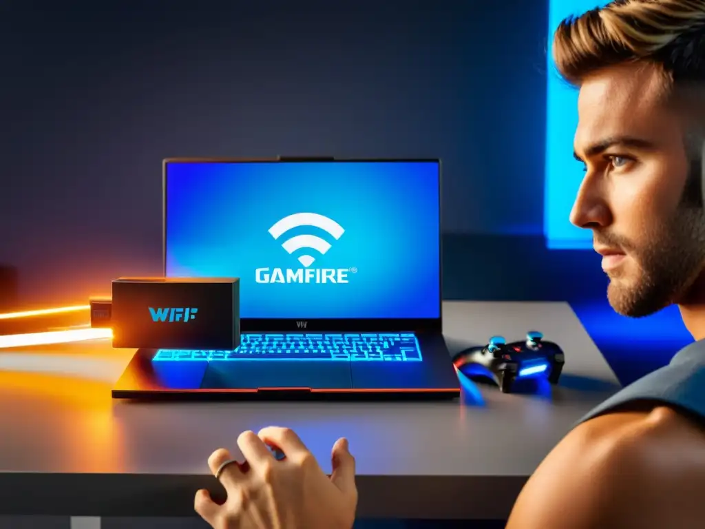 Un adaptador WiFi moderno conectado a un portátil gaming en una intensa partida de FreeFire, capturando la potencia de la conectividad en el juego