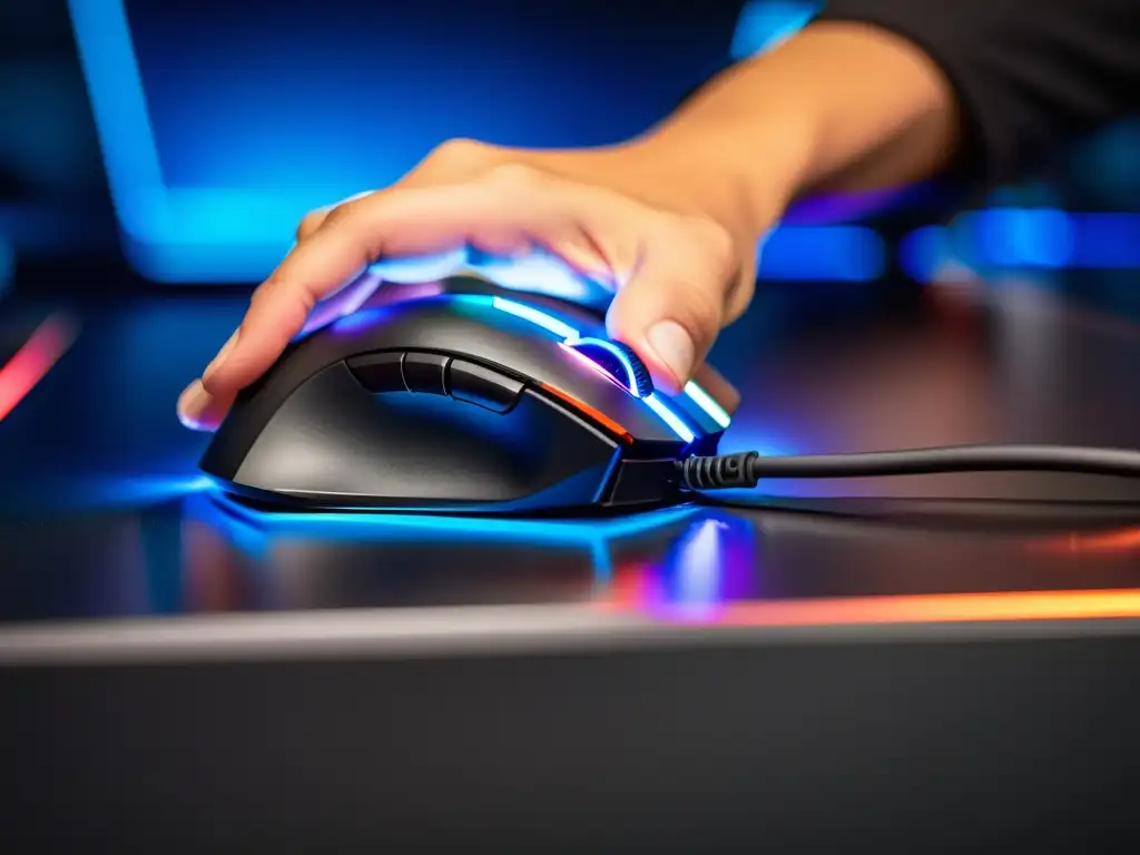 Un agarre ergonómico en un mouse para gaming iluminado con luces RGB, parte de un setup futurista para juegos