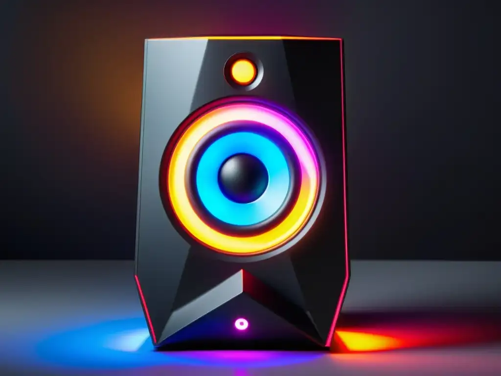 Altavoz gaming negro moderno con luces LED vibrantes, emitiendo un brillo colorido