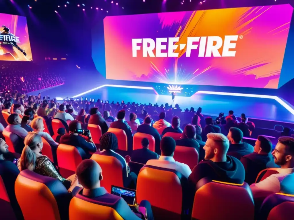 Competición de alto nivel en línea de Free Fire con estrategias y engagement en un entorno virtual futurista y vibrante