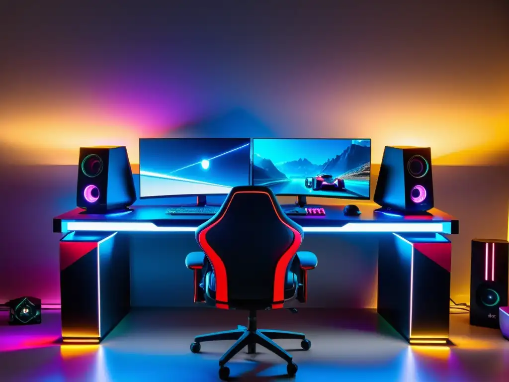 Un ambiente futurista de gaming con luces LED para decoración gamers, destacando un setup inmersivo y vibrante