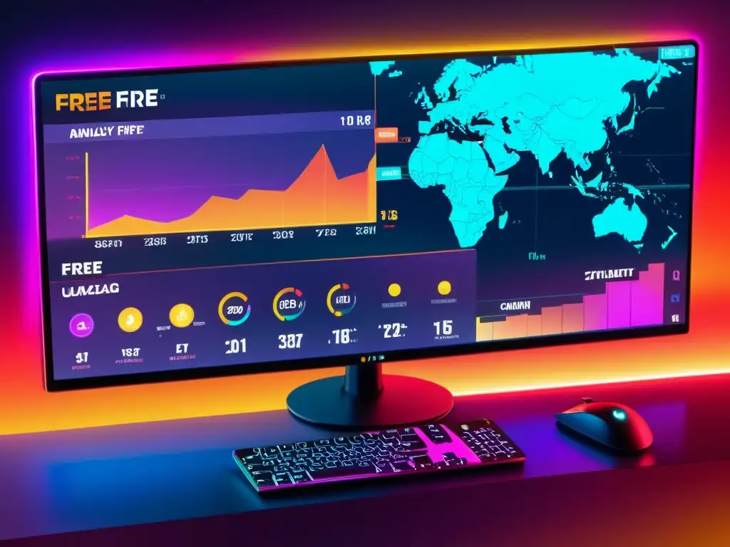 Análisis de partidas en Free Fire en una interfaz futurista con visualizaciones de datos detalladas y vibrantes