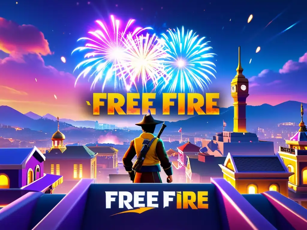 Animado evento de aniversario de Free Fire con recompensas, fuegos artificiales y ciudad festiva de noche