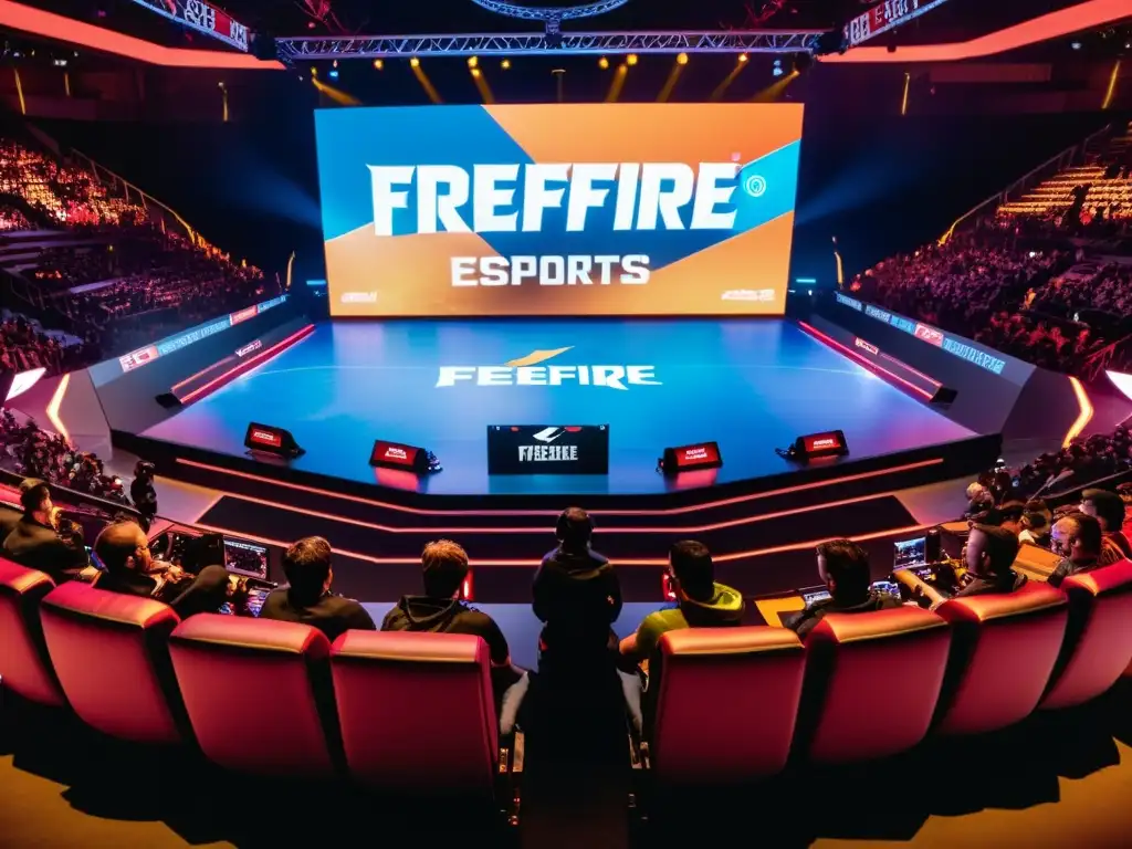 Apasionante competencia de FreeFire eSports en una arena oscura, jugadores concentrados ejecutando tácticas avanzadas