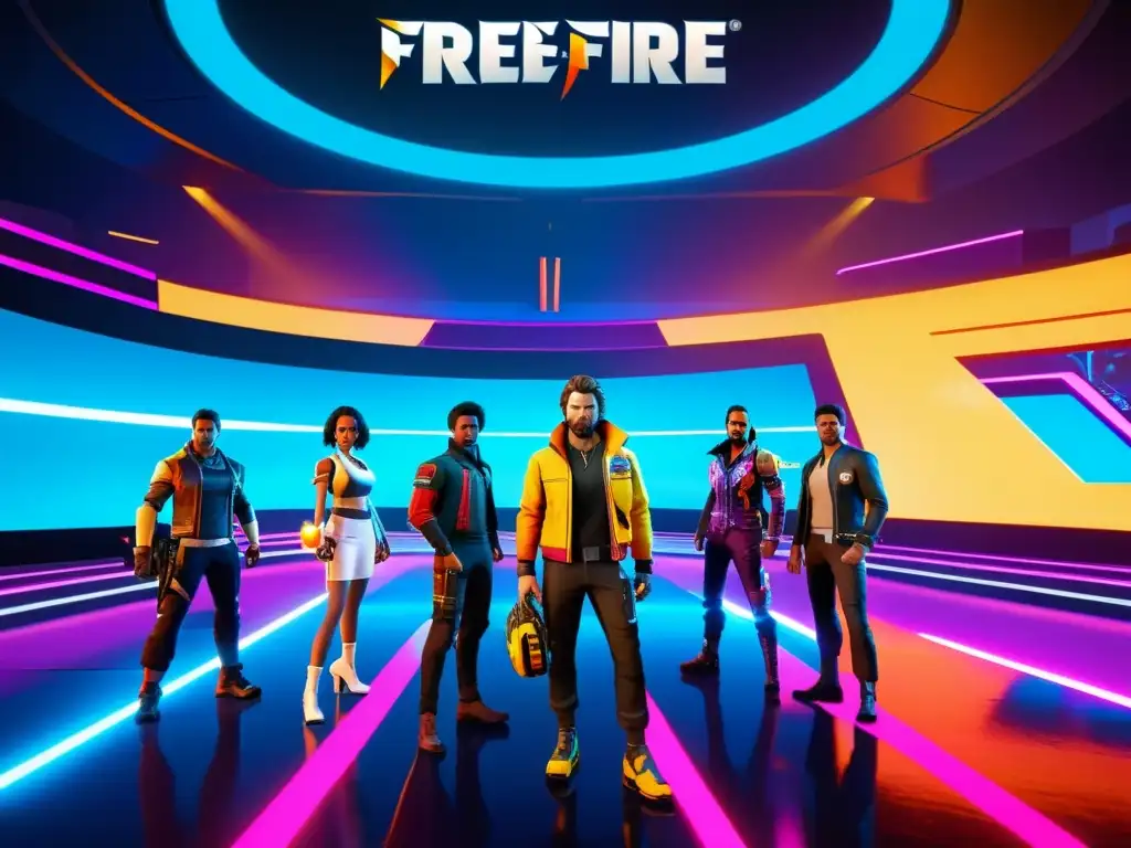 Apasionante escena de Free Fire con personajes en un ambiente futurista, equipados con legendario gear en deslumbrantes colores neón