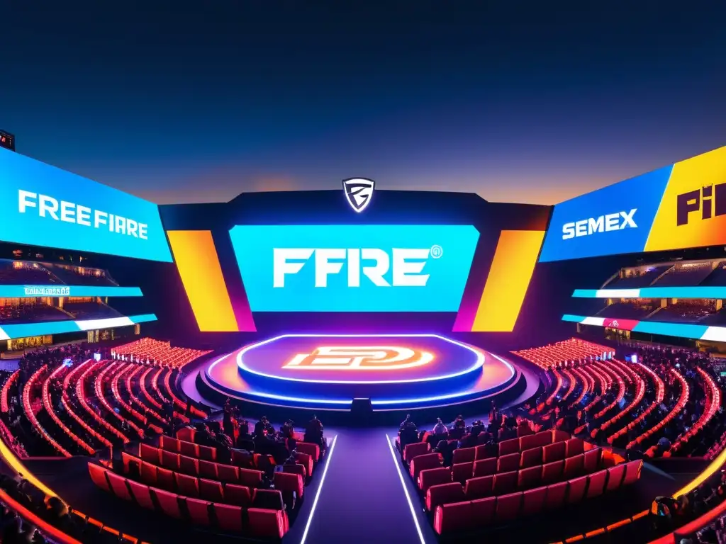 Una arena de esports futurista y dinámica en un paisaje urbano, con patrocinios en Free Fire y una multitud emocionada