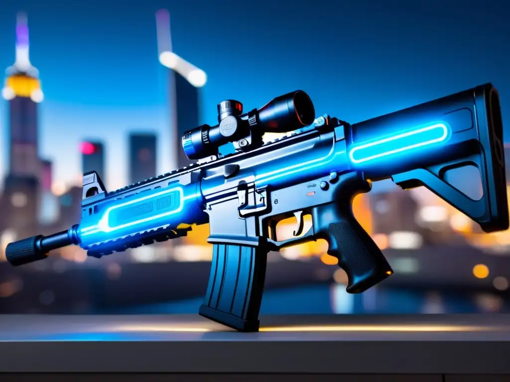 Arma futurista en Free Fire con detalles en azul neon, en contraste con la ciudad nocturna llena de luces brillantes y actividad frenética