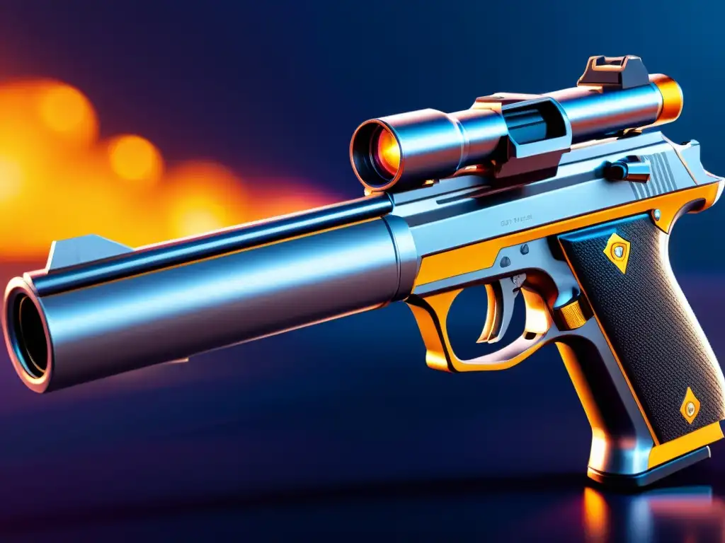 Un arma futurista del juego Free Fire con actualizaciones, mostrando detalles intrincados y un ambiente hightech y profesional