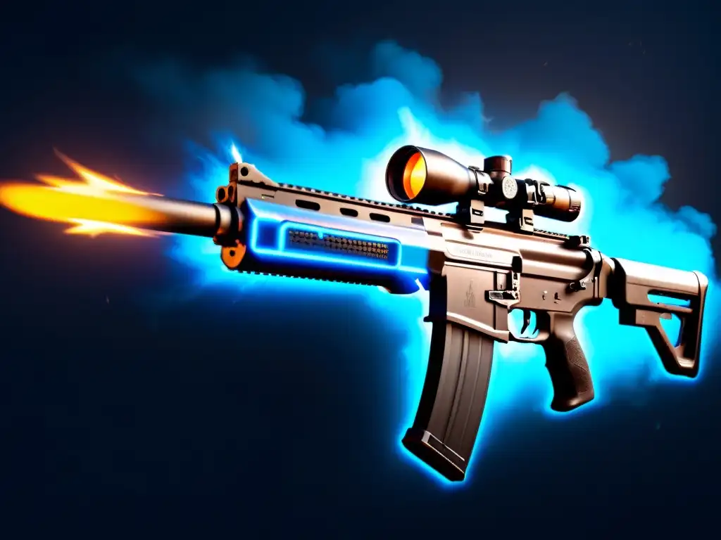 Arma de ráfaga en Free Fire: un rifle futurista con acabado negro mate y detalles azules neon