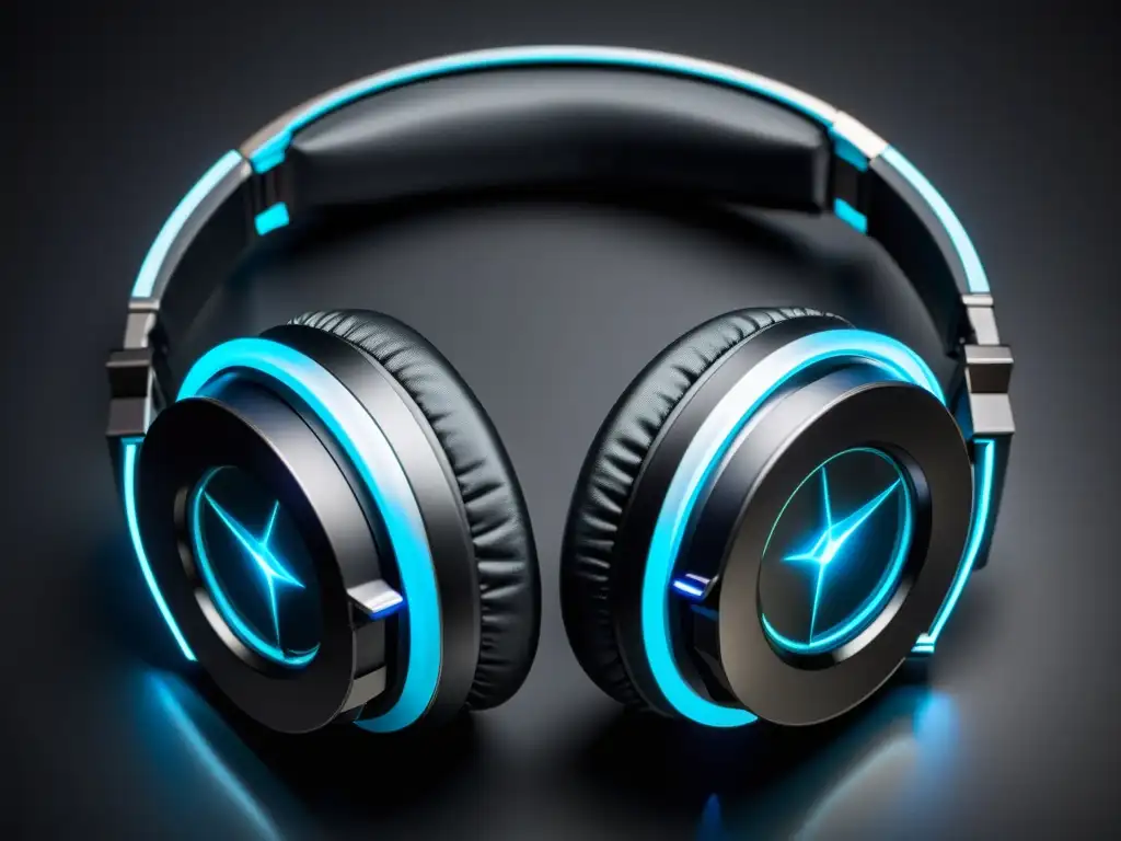 Unos auriculares gaming negros con luces LED, creando un ambiente futurista y moderno