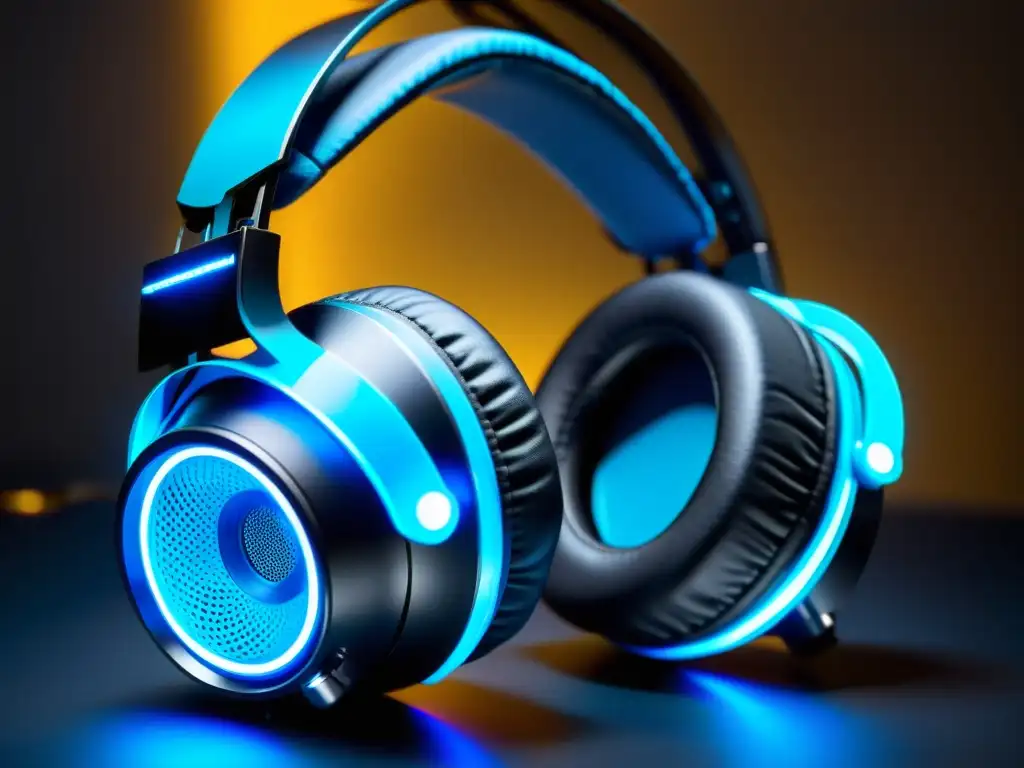 Auriculares gaming para escuchar pasos: Detalle de auriculares negros con luces LED azules pulsantes, sobre superficie moderna y brillante