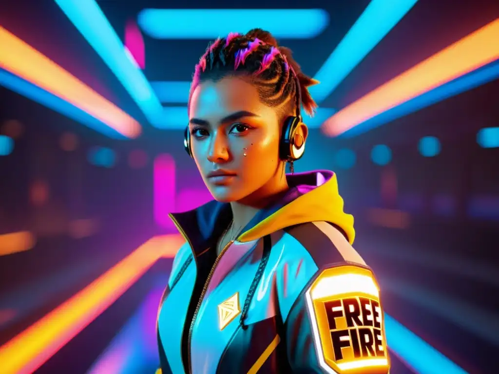 Un avatar de Free Fire en alta resolución, con personalización detallada y efectos especiales dinámicos, en un entorno futurista y vibrante