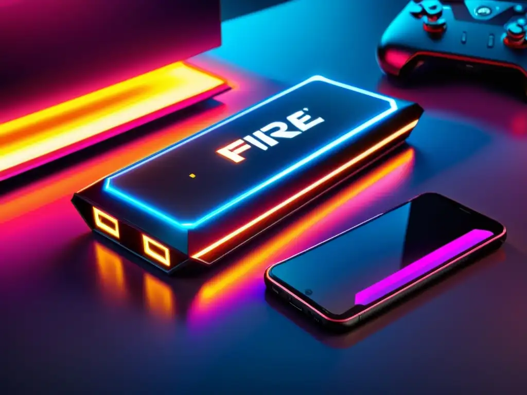 Una batería externa negra de alta tecnología para Free Fire, conectada a un smartphone en un ambiente futurista y dinámico de gaming