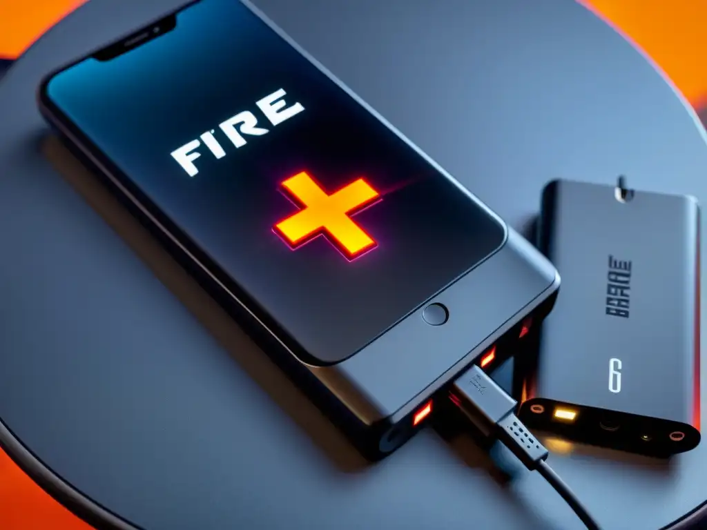 Una batería externa para Free Fire cargando un smartphone para largas sesiones de juego, con un diseño moderno en negro mate y luces LED