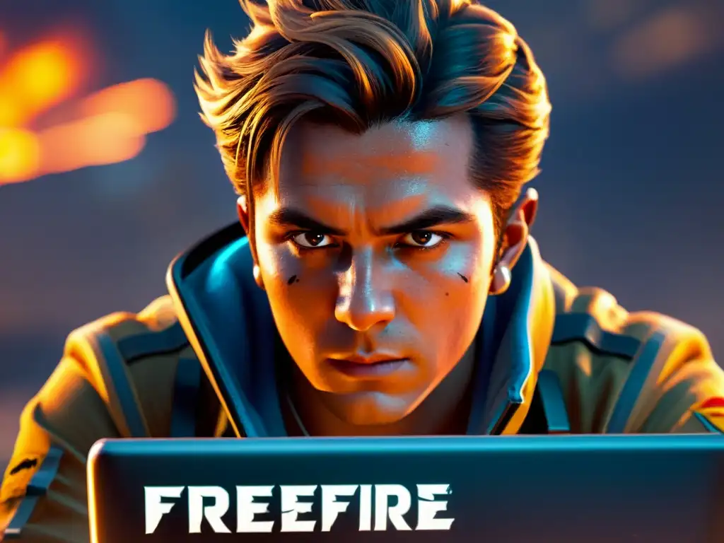 Mantener la calma en FreeFire: Jugador concentrado ante el caos virtual, con brillo de sudor y determinación en los ojos, manos en teclado y ratón