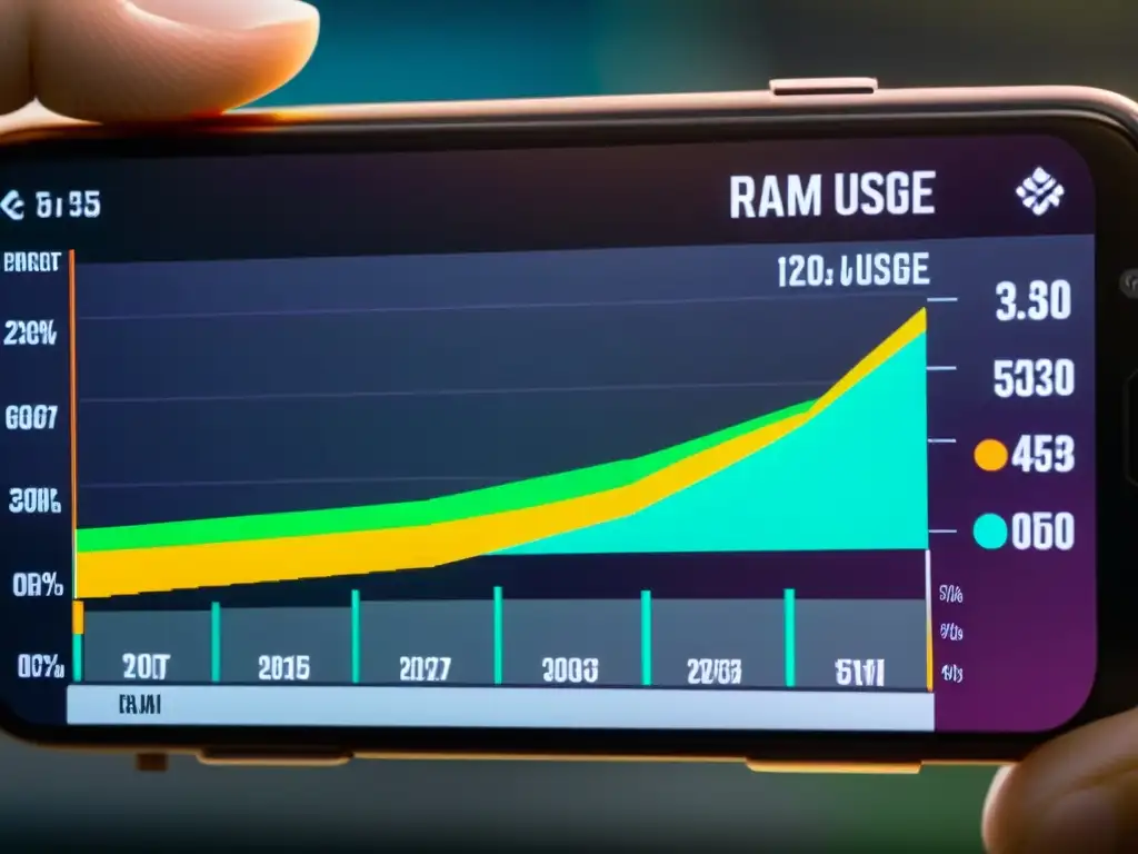 Captura del impacto en la calidad del juego de FreeFire en la RAM, con gráfico detallado en pantalla de smartphone durante la partida