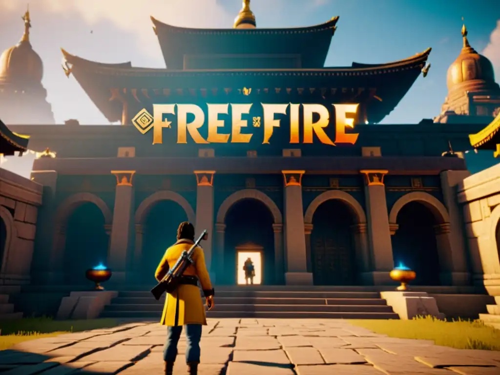 Captura del juego Free Fire, personaje frente a un templo misterioso con símbolos antiguos y pistas visuales, creando intriga y misterio