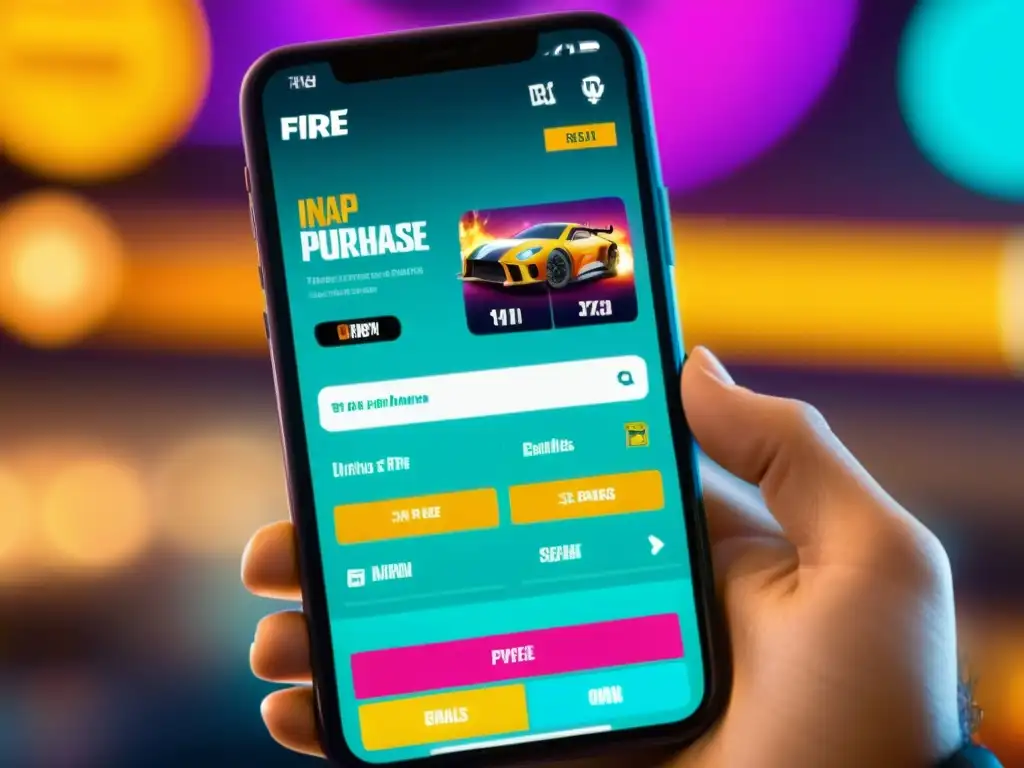 Captura de pantalla de compras inapp en Free Fire, con vibrantes elementos visuales y opciones de compra de artículos virtuales destacados