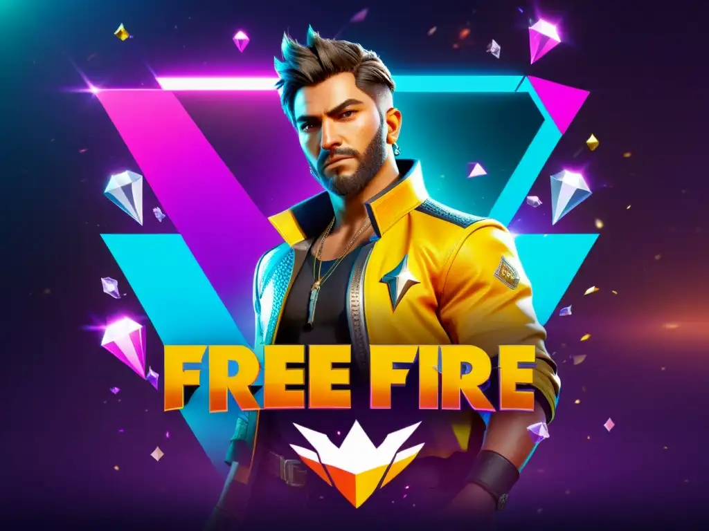 Captura de pantalla de juego Free Fire en 8k con personaje rodeado de diamantes, mostrando la emoción de maximizar ganancias diamantes Free Fire