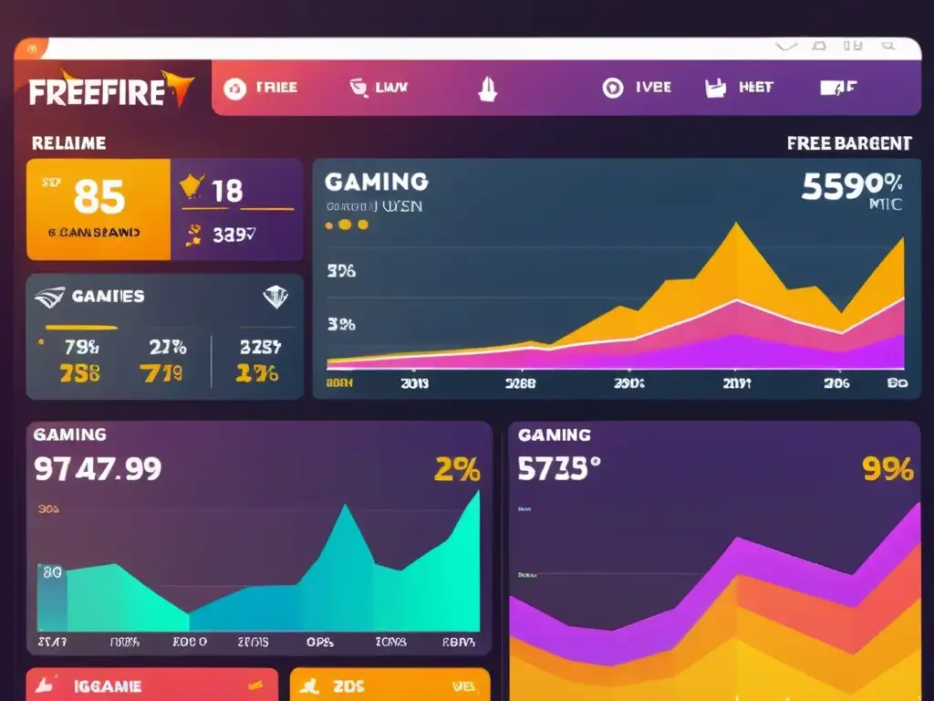 Captura vibrante de un panel de control de FreeFire con analítica de datos en gaming, mostrando métricas de rendimiento y participación del jugador