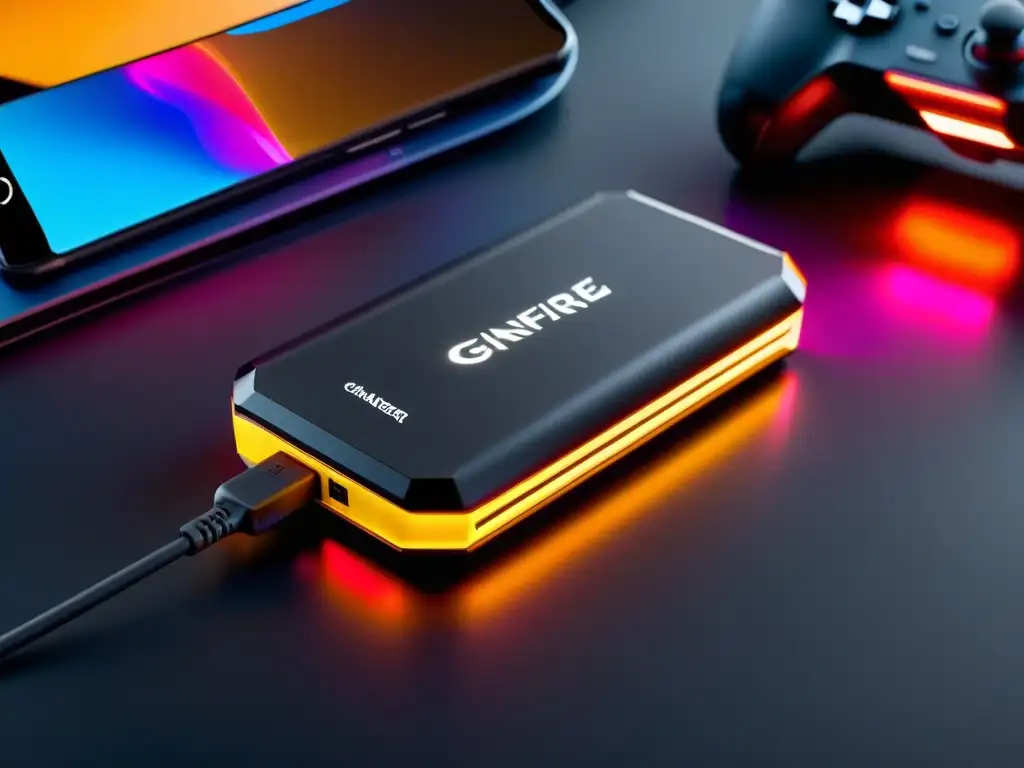 Un cargador portátil para gaming con diseño moderno, luces LED vibrantes y múltiples puertos USB