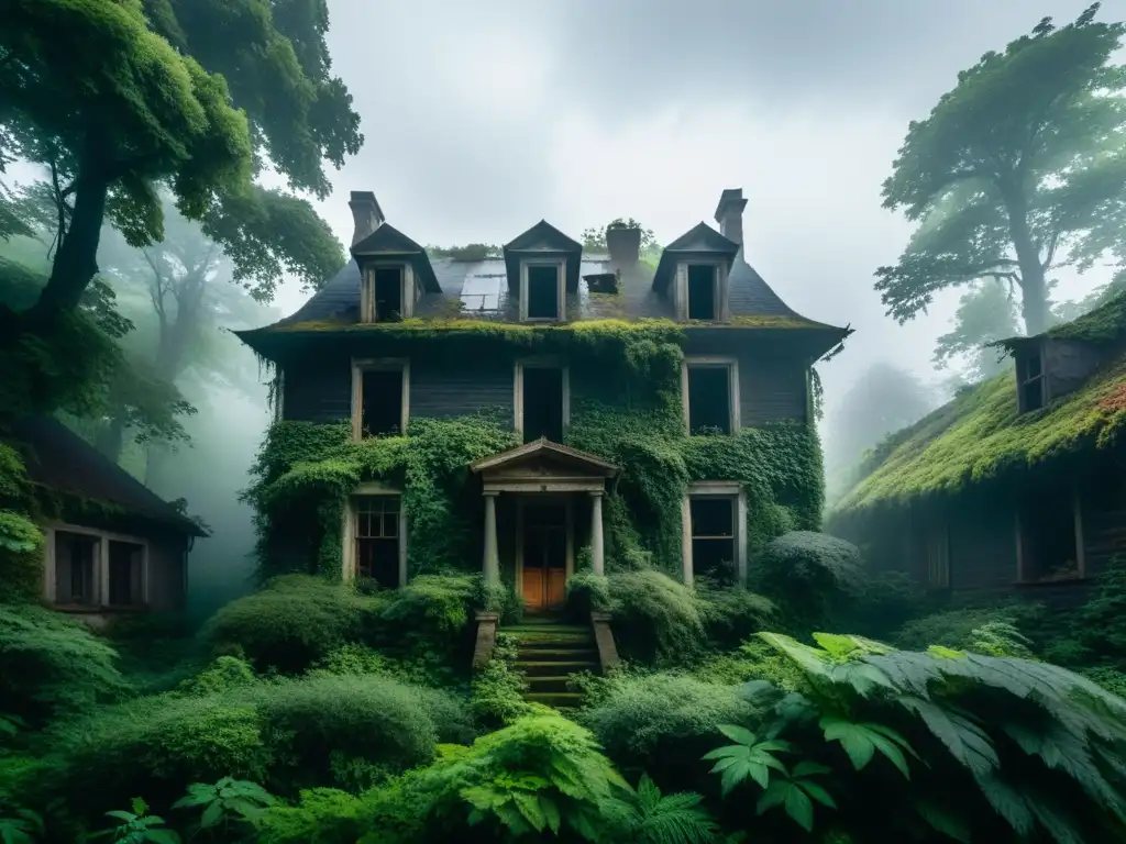 Una casa abandonada en un denso bosque, envuelta en neblina, crea un escenario misterioso