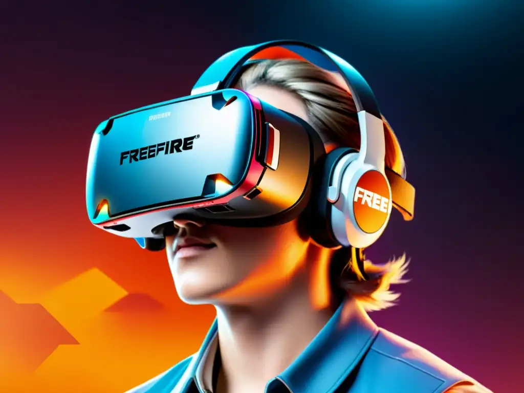 Cascos VR en promoción FreeFire: Un moderno casco de realidad virtual con el logo de FreeFire, en un escenario futurista de batalla virtual