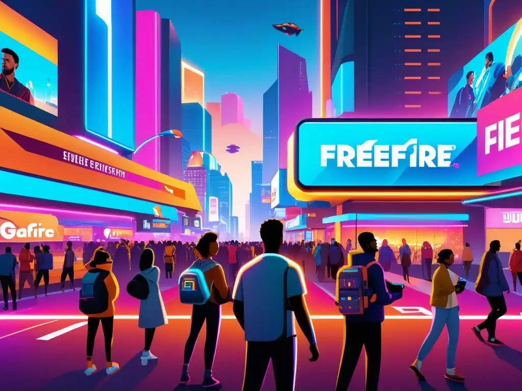 Una ciudad futurista llena de vida y elementos de FreeFire, integrados de manera creativa