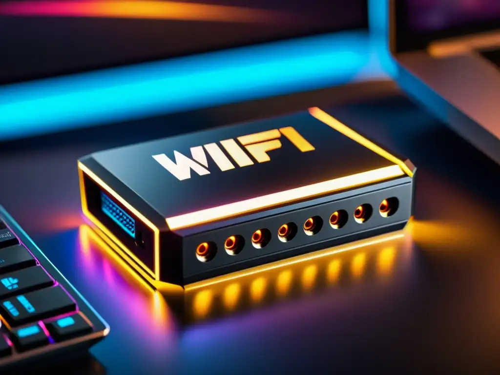 Closeup de adaptador WiFi de alta tecnología conectado a laptop gaming con juego FreeFire en pantalla