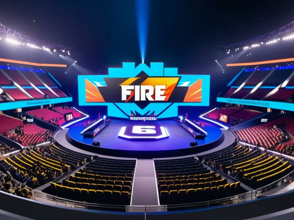 Cobertura completa Free Fire World Series: Arena con jugadores compitiendo en un escenario, rodeados de una multitud emocionada y luces dramáticas