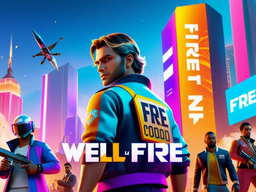 Colaboraciones creativas marcas Free Fire: Personaje en ciudad futurista con armamento personalizado y anuncios holográficos