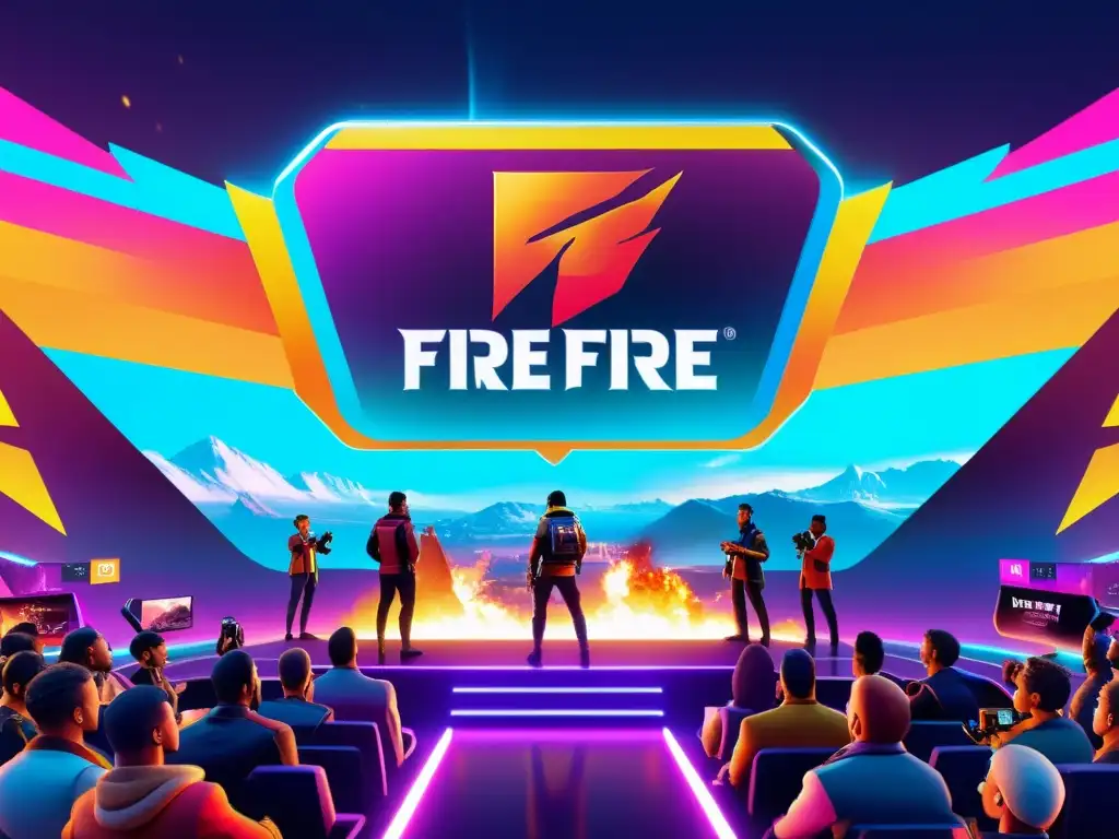 Colaboraciones creativas marcas Free Fire: Evento futurista con marca popular, escenario tecnológico y entusiasta audiencia virtual