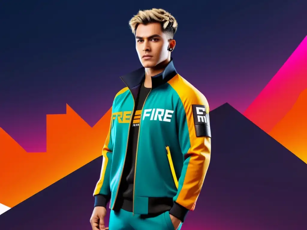 Colaboraciones creativas marcas Free Fire: Jacket de realidad aumentada con logo del juego, llevado por jugador de esports en entorno urbano futurista