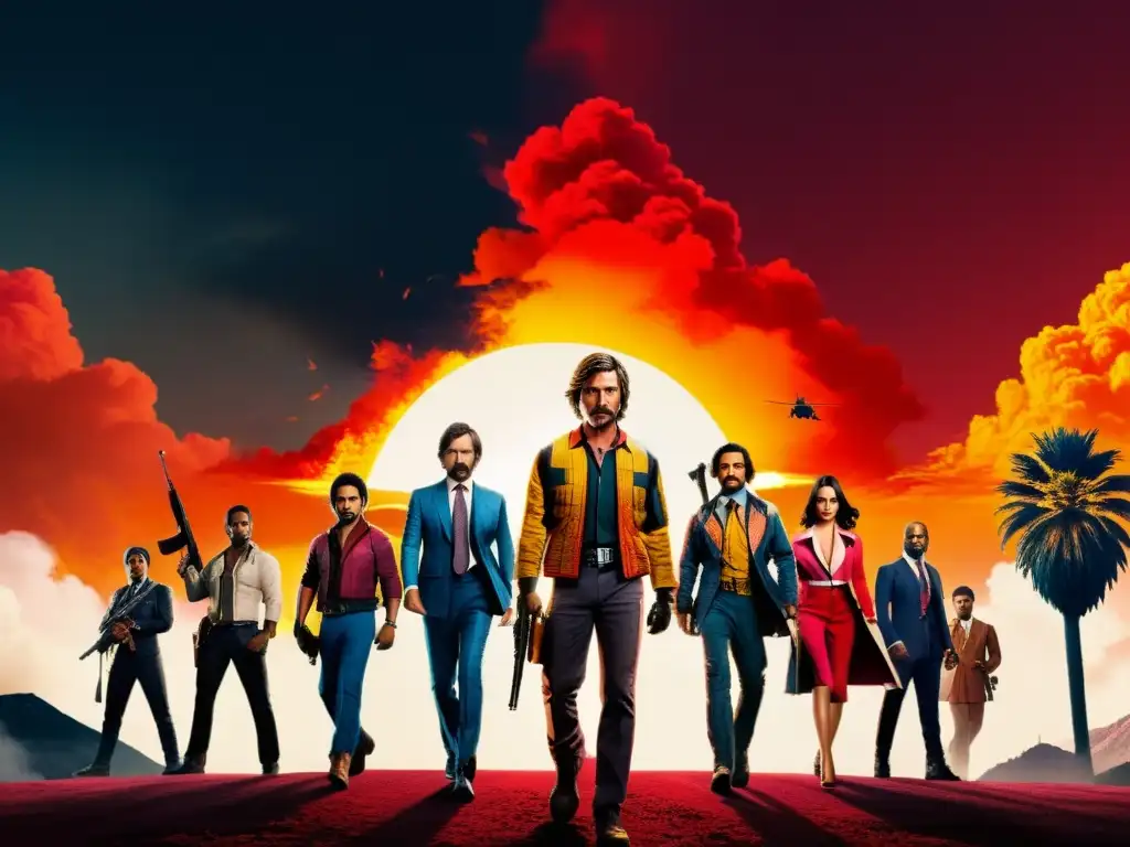 Colaboraciones épicas: personajes de Free Fire y La Casa de Papel en un atardecer ardiente, en una silueta poderosa y dinámica