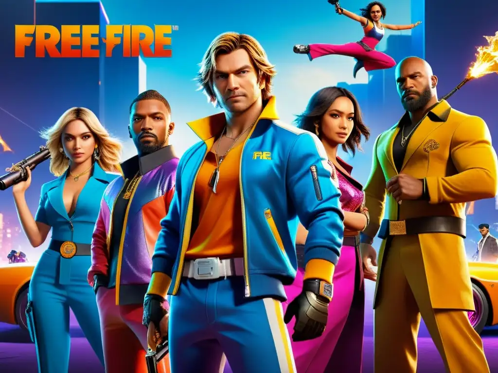 Colaboraciones épicas: personajes de Free Fire junto a famosos iconos de marcas, en un entorno vibrante y emocionante