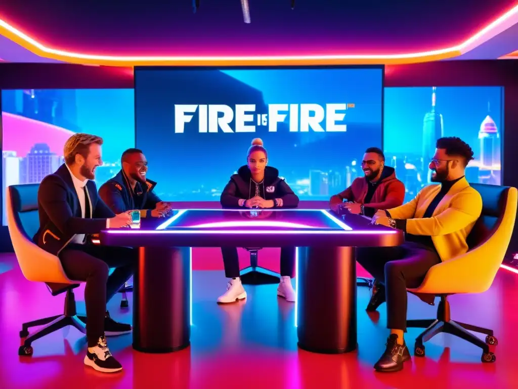 Colaboraciones de marcas e influencers en la industria del juego Free Fire con energía dinámica y futurista