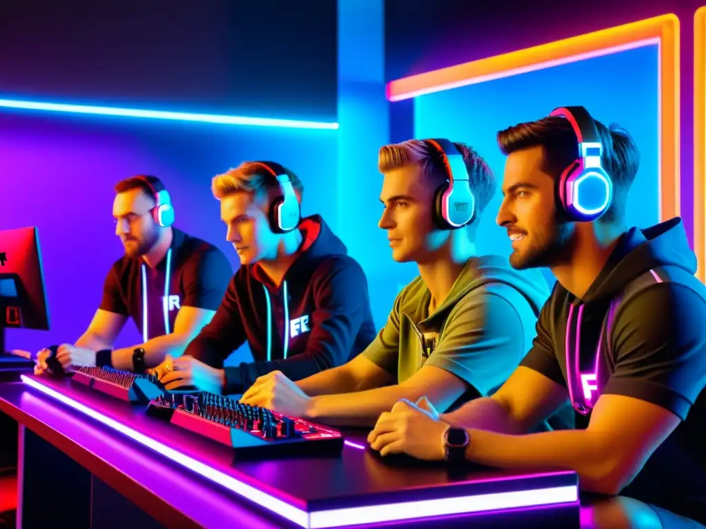 Colaboraciones marcas influencers Free Fire reunidos en un emocionante setup gaming futurista, estrategizando y jugando juntos con entusiasmo