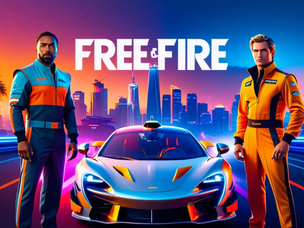 Colaboraciones rentables en Free Fire: Poster de colaboración futurista con McLaren, personajes icónicos de Free Fire en trajes de carreras McLaren junto a un superauto personalizado, en una ciudad urbana de alta tecnología iluminada por luces de neón