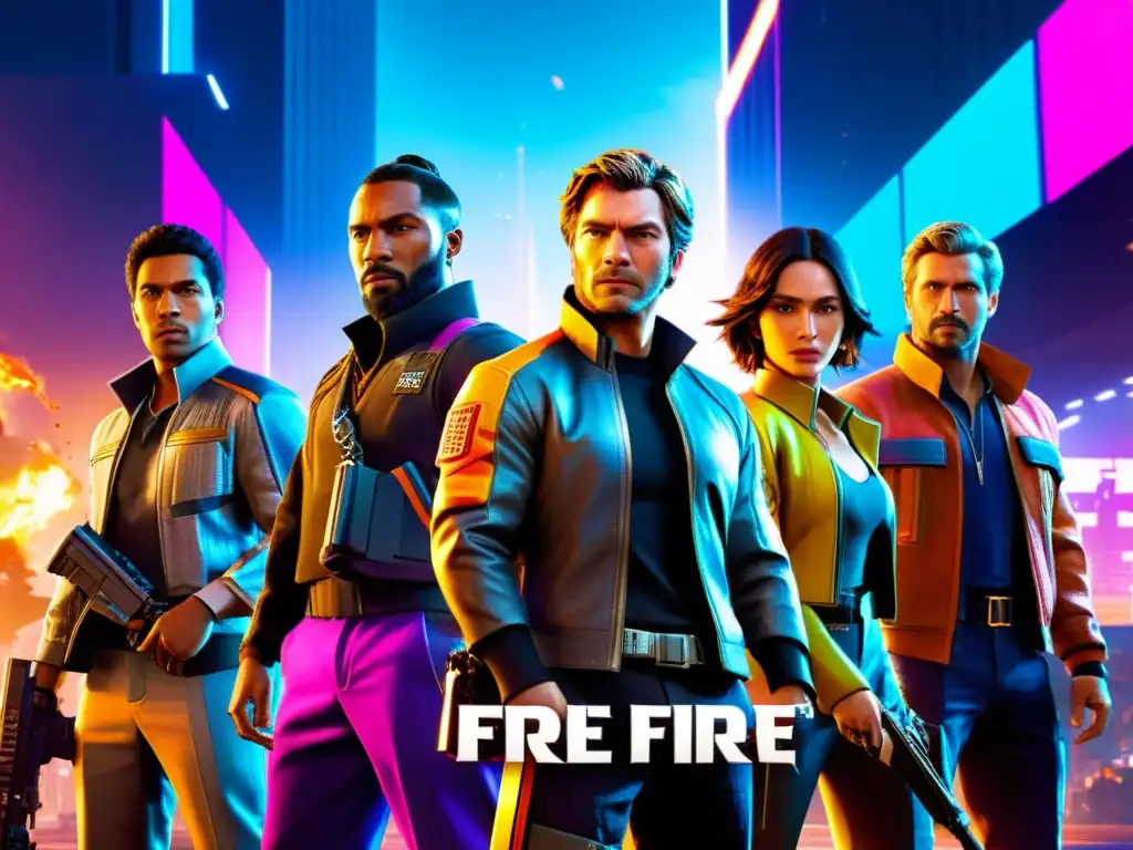 Colaboraciones rentables en Free Fire: personajes en acción, armaduras futuristas y armas brillantes en una ciudad futurista llena de emoción