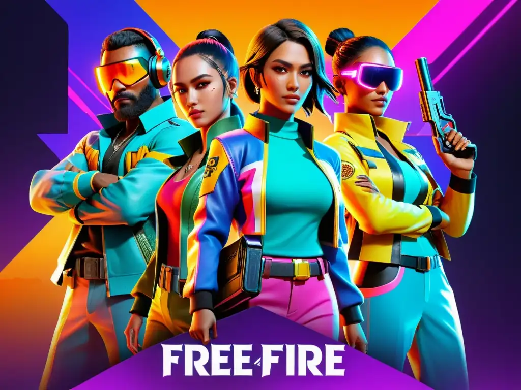 Un collage detallado en 8k de las mejores skins de Free Fire: colores vibrantes, diseños intrincados y poses dinámicas en un escenario futurista