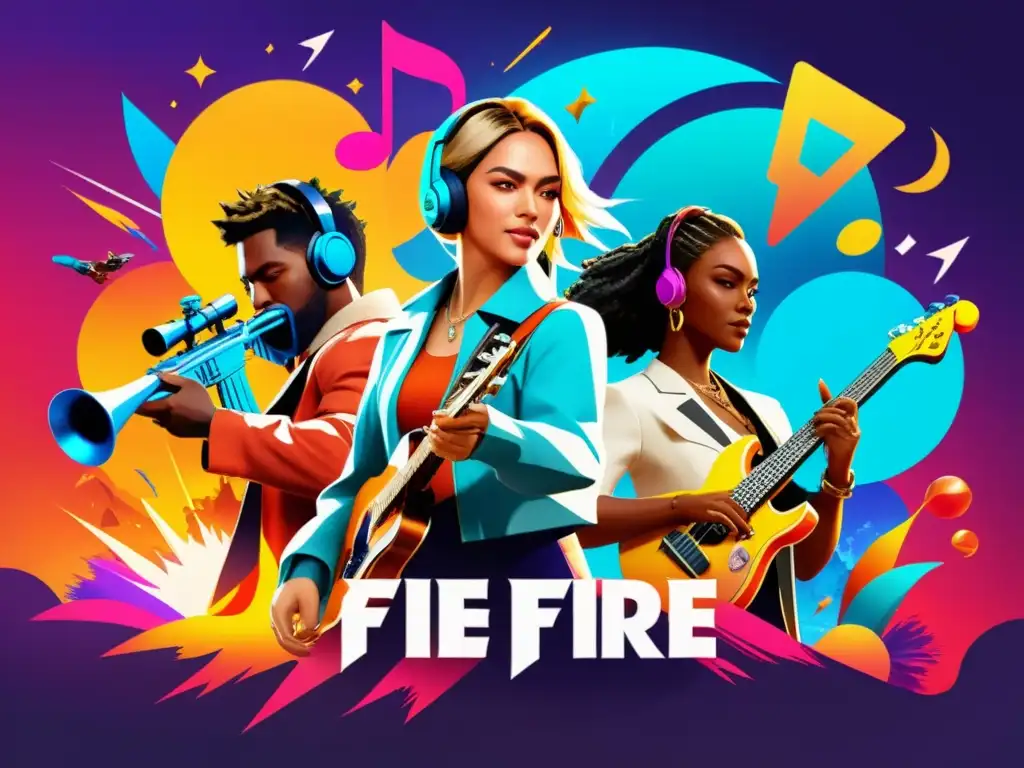 Un collage dinámico y vibrante que fusiona música y elementos de Free Fire, demostrando el impacto del juego en la música