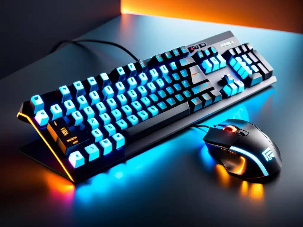 Un combo de teclado y ratón gaming negro con iluminación LED personalizable, en un escenario futurista, destacando el logo FreeFire