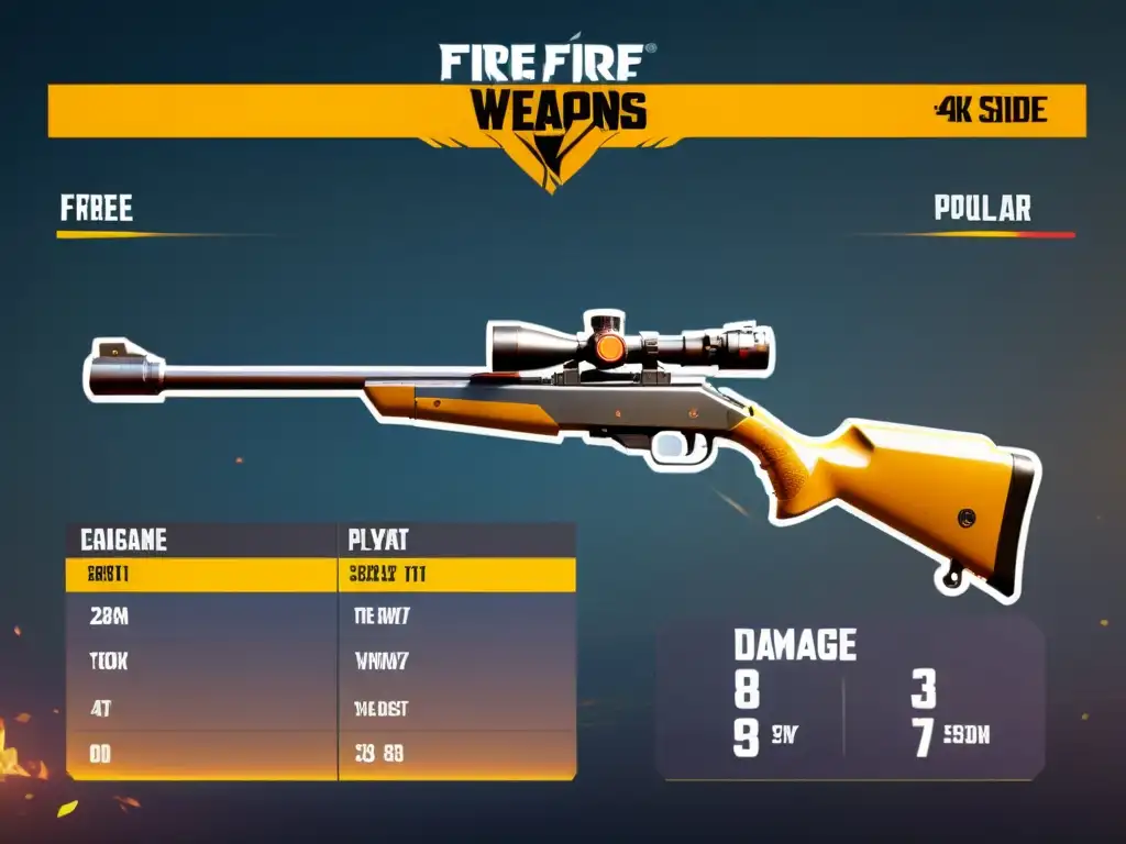 Comparativa de armas populares Free Fire: Detallada imagen 8K con estadísticas, gráficos de daño y modelos en juego