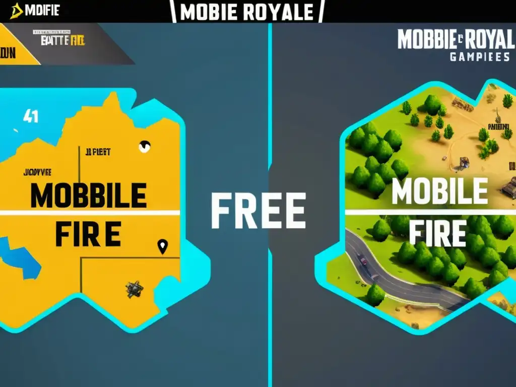 Una comparativa detallada de juegos battle royale móviles, con gráficos y detalles de Free Fire, PUBG Mobile, Call of Duty: Mobile y Fortnite