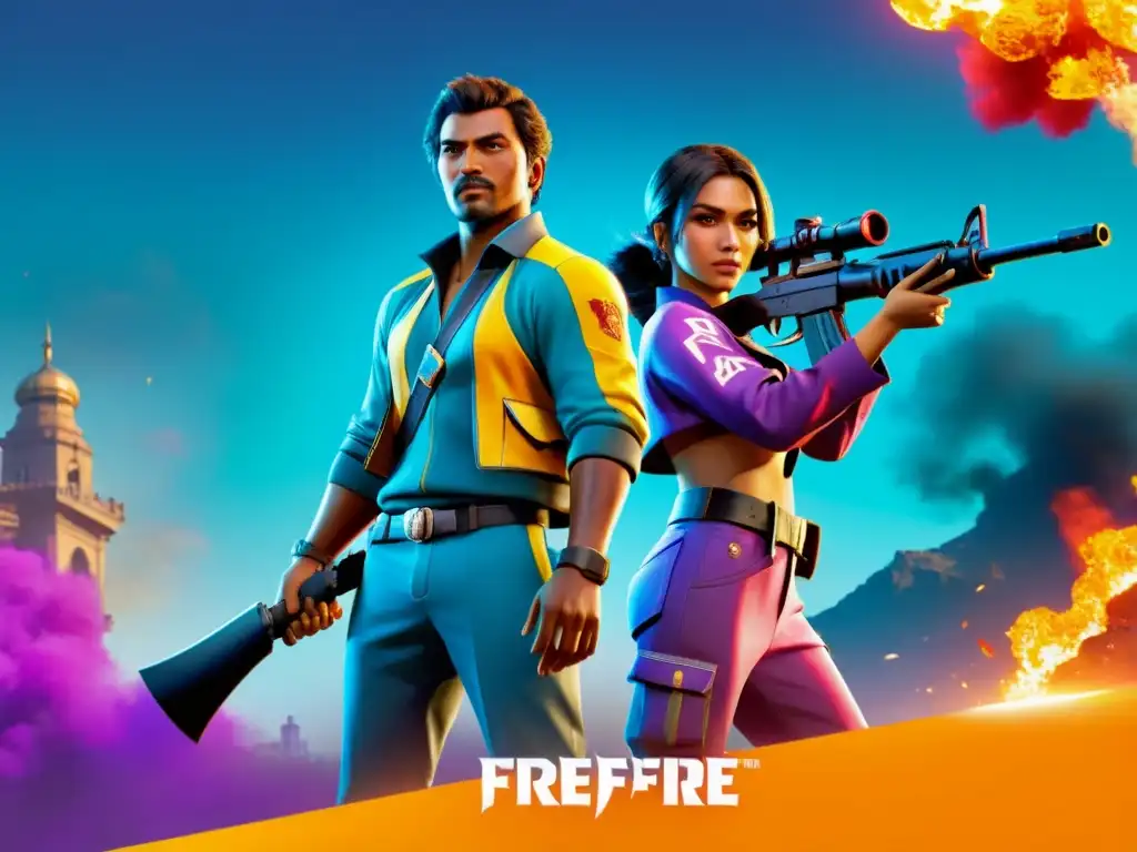 Una comparativa épica entre dos personajes de Free Fire, uno con el Pase Élite y otro con el Pase de Batalla, en un escenario vibrante y detallado