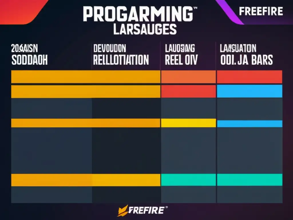 Comparativa de lenguajes de programación en FreeFire con gráficos detallados y explicaciones, en un entorno profesional y tecnológico