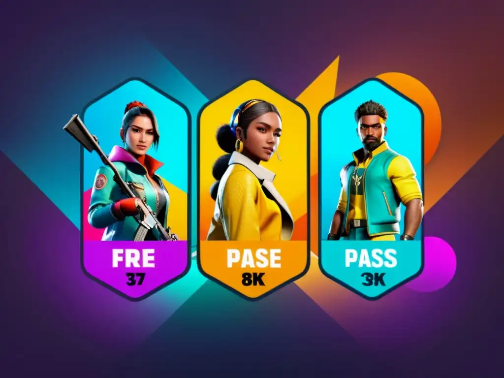 Comparativa pases temporada Free Fire: imagen 8k detalla distintos pases con skins, armas y recompensas exclusivas, en un fondo moderno y vibrante